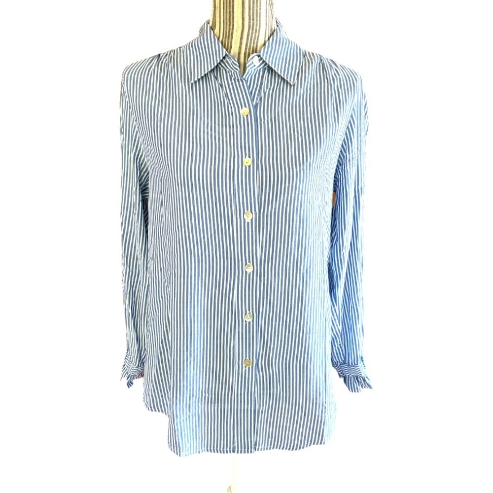 ATTITUDES by Renée Button Down Open Sleeve Ruffle Cuff Shirt, Blue stripe, Sz S